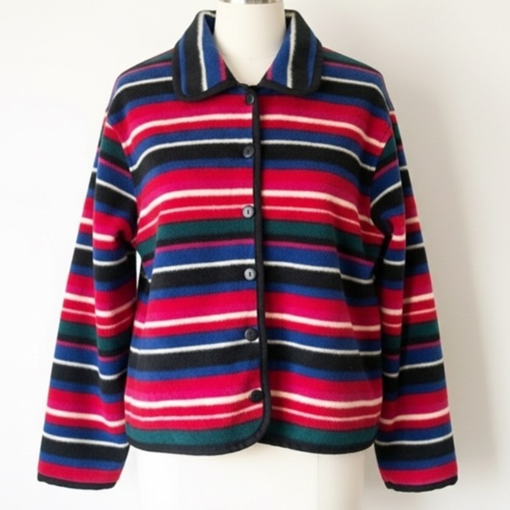 Talbots Multicolor Striped Fleece Jacket Button Front Size Medium